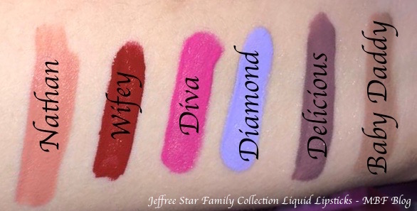 Jeffree Star Family Collection All Velour Liquid Lipsticks Swatches Nathan Wifey Diva Diamond Delicious Baby Daddy